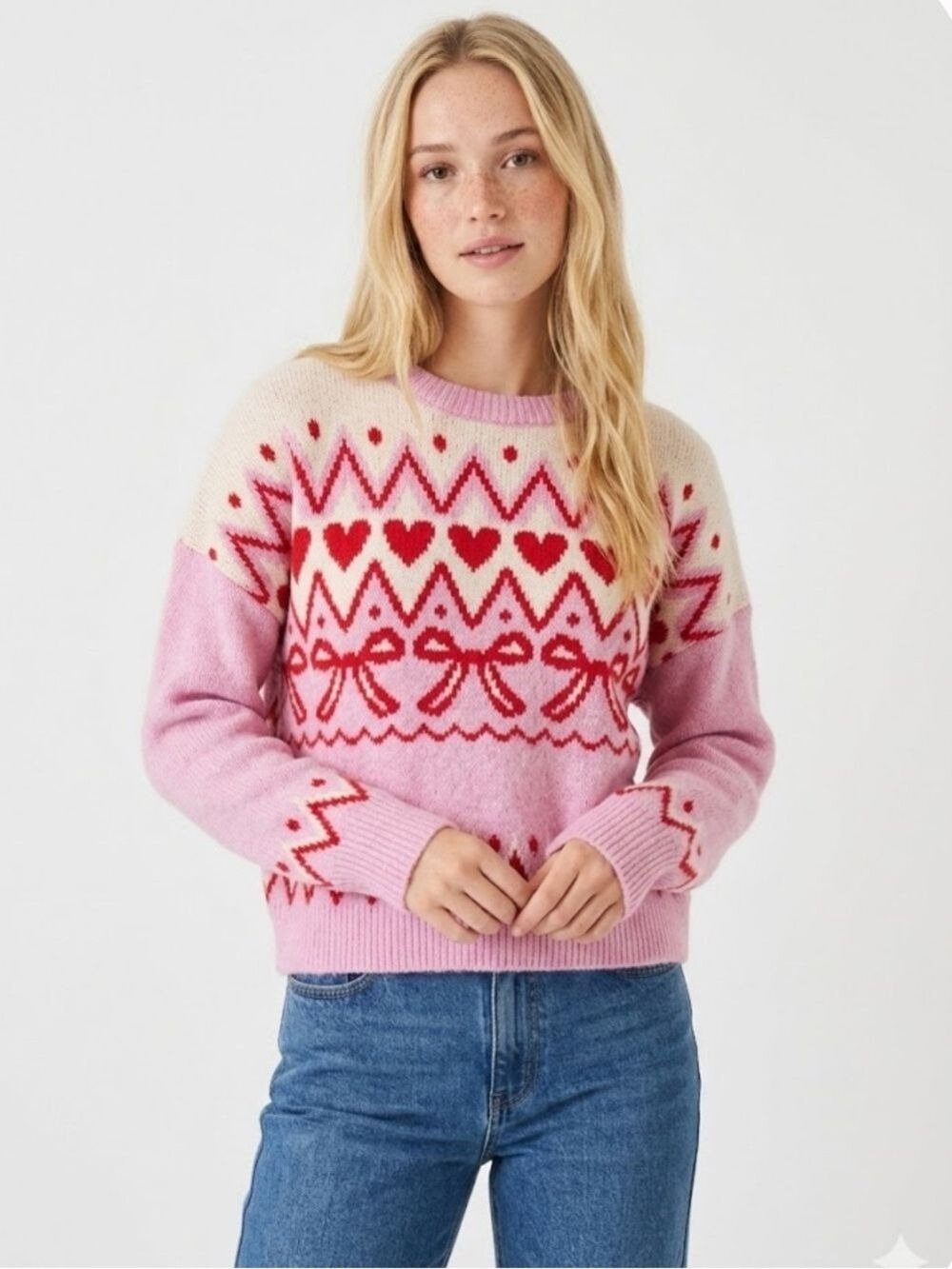 Paris Hilton Heart and Bow Pretty in Pink and Red Knit Sweater - Size Small